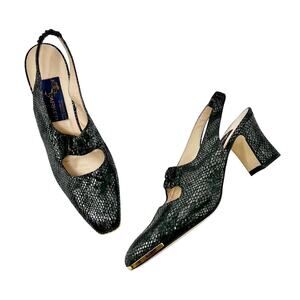 Vintage Joel Parker Black Snakeskin Gold Cap Slingback 3" Heels sz 8 AAA